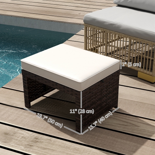 Outsunny Wicker Outdoor Ottoman, 2 Pieces Outdoor Ottomans and Footstools with Removable Cushions, PE Rattan Ottoman Seat, Footrest, Side Table for