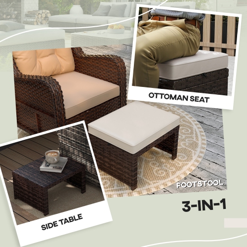 Outsunny Wicker Outdoor Ottoman, 2 Pieces Outdoor Ottomans and Footstools with Removable Cushions, PE Rattan Ottoman Seat, Footrest, Side Table for