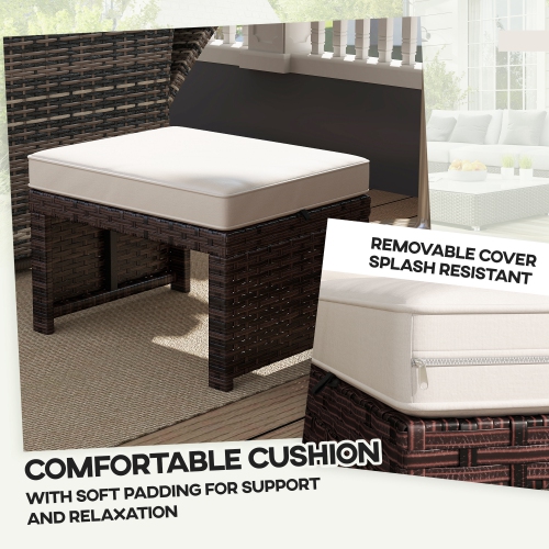 Outsunny Wicker Outdoor Ottoman, 2 Pieces Outdoor Ottomans and Footstools with Removable Cushions, PE Rattan Ottoman Seat, Footrest, Side Table for