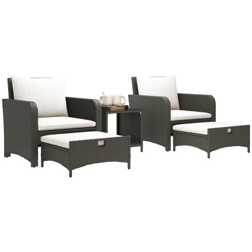 Ensemble de 5 meubles de patio en rotin Outsunny, ensemble de patio en osier avec 2 chaises, table basse à 2 niveaux, 2 poufs, coussins épais pour le