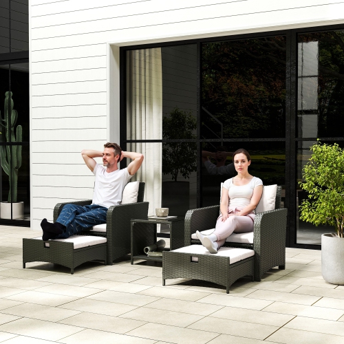 Ensemble de 5 meubles de patio en rotin Outsunny, ensemble de patio en osier avec 2 chaises, table basse à 2 niveaux, 2 poufs, coussins épais pour le