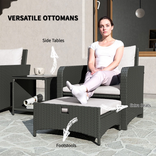 Ensemble de 5 meubles de patio en rotin Outsunny, ensemble de patio en osier avec 2 chaises, table basse à 2 niveaux, 2 poufs, coussins épais pour le
