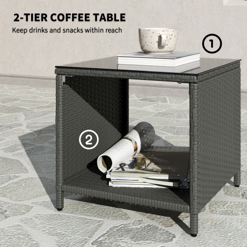 Ensemble de 5 meubles de patio en rotin Outsunny, ensemble de patio en osier avec 2 chaises, table basse à 2 niveaux, 2 poufs, coussins épais pour le