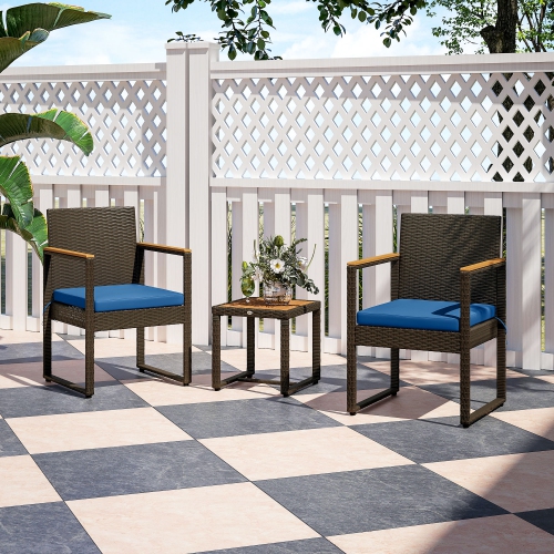 Outsunny 3 Pieces Wicker Patio Furniture Set, Rattan Bistro Set w/ 2 Patio Chairs, Acacia Wood Table & Removable Cushions, Patio Conversation Set for