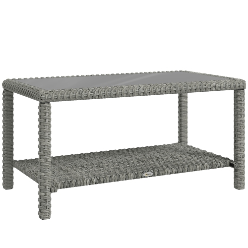 Outsunny 35" Outdoor Wicker Coffee Table with Glass Top, Storage Shelf, Patio PE Rattan Side End Table for Garden Porch Balcony Deck, Dark Grey