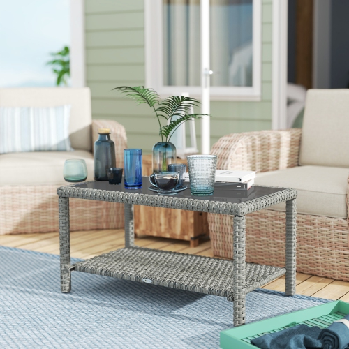 Outsunny 35" Outdoor Wicker Coffee Table with Glass Top, Storage Shelf, Patio PE Rattan Side End Table for Garden Porch Balcony Deck, Dark Grey