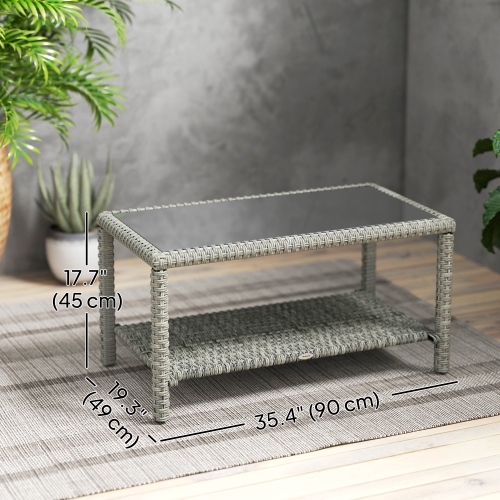 Outsunny 35" Outdoor Wicker Coffee Table with Glass Top, Storage Shelf, Patio PE Rattan Side End Table for Garden Porch Balcony Deck, Dark Grey