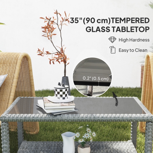 Outsunny 35" Outdoor Wicker Coffee Table with Glass Top, Storage Shelf, Patio PE Rattan Side End Table for Garden Porch Balcony Deck, Dark Grey