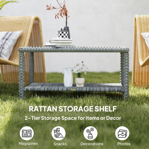 Outsunny 35" Outdoor Wicker Coffee Table with Glass Top, Storage Shelf, Patio PE Rattan Side End Table for Garden Porch Balcony Deck, Dark Grey