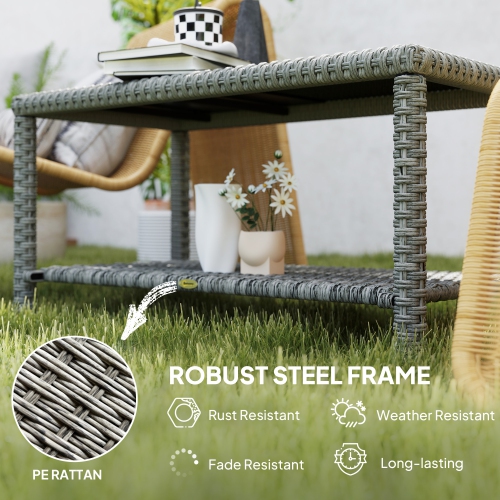 Outsunny 35" Outdoor Wicker Coffee Table with Glass Top, Storage Shelf, Patio PE Rattan Side End Table for Garden Porch Balcony Deck, Dark Grey