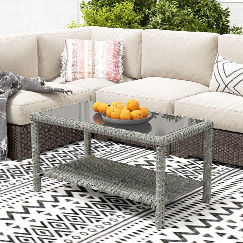 Outsunny 35" Outdoor Wicker Coffee Table with Glass Top, Storage Shelf, Patio PE Rattan Side End Table for Garden Porch Balcony Deck, Dark Grey