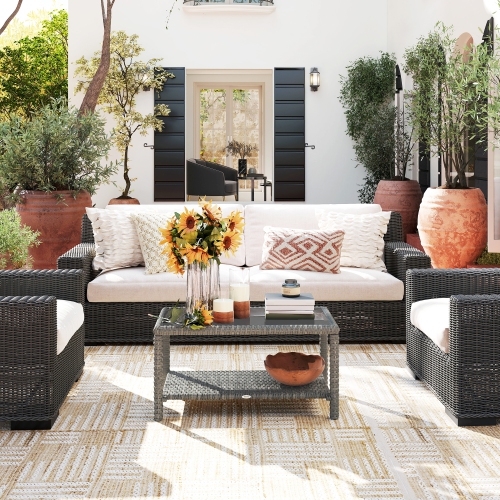 Outsunny 35" Outdoor Wicker Coffee Table with Glass Top, Storage Shelf, Patio PE Rattan Side End Table for Garden Porch Balcony Deck, Dark Grey