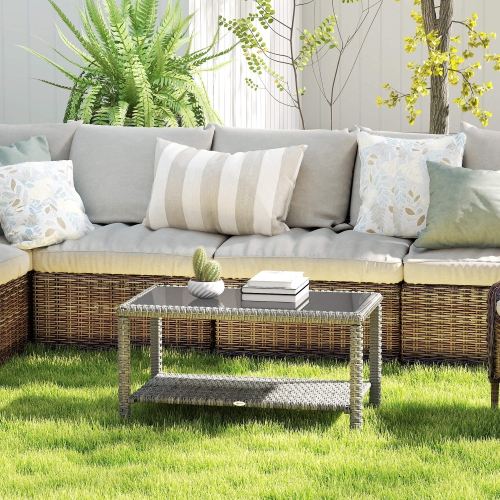 Outsunny 35" Outdoor Wicker Coffee Table with Glass Top, Storage Shelf, Patio PE Rattan Side End Table for Garden Porch Balcony Deck, Dark Grey