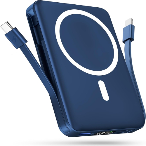 PODORU  Magsafe Battery Pack, 10000Mah Magnetic Power Bank Built-In USB C Lighting Cables 22.5W Pd Fast Charging Led Display Wireless Portable Charger