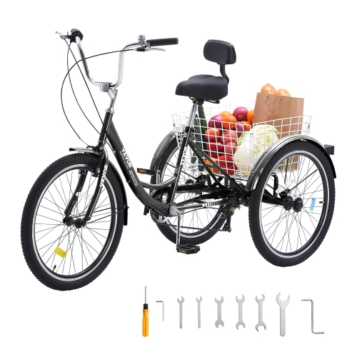 Tricycle VEVOR à 7 vitesses pour adultes, tricycles pour adultes, vélos à trois roues de 24&nbsp;po, vélo de promenade en acier au carbone avec panie