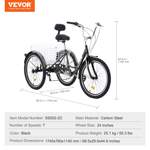 VEVOR 7 Speed Adult Tricycles Bike, Adult Trikes, 24 Inch Three-Wheeled Bicycles, Carbon Steel Cruiser Bike with Basket and Adjustable Seat, Picnic