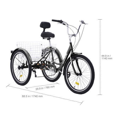 VEVOR 7 Speed Adult Tricycles Bike, Adult Trikes, 24 Inch Three-Wheeled Bicycles, Carbon Steel Cruiser Bike with Basket and Adjustable Seat, Picnic