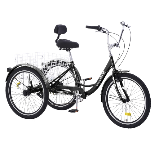 VEVOR 7 Speed Adult Tricycles Bike, Adult Trikes, 24 Inch Three-Wheeled Bicycles, Carbon Steel Cruiser Bike with Basket and Adjustable Seat, Picnic