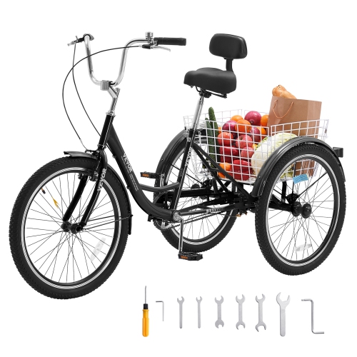 Tricycle VEVOR de 20&nbsp;po pour adultes, vélos à trois roues, tricycles à 3 roues, vélo de promenade en acier au carbone avec panier et siège ajust
