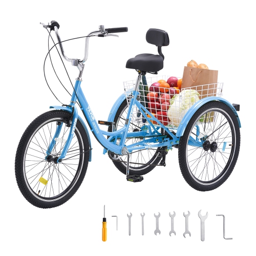Tricycle VEVOR à 7 vitesses pour adultes, tricycles pour adultes, vélos à trois roues de 24&nbsp;po, vélo de promenade en acier au carbone avec panie
