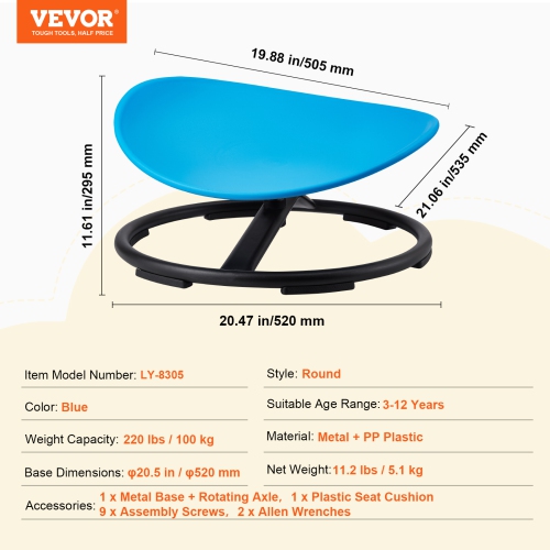 VEVOR 220 LBS Kids Swivel Chair, Sensory Spinning Chair, Autistic Kids Sensory Toy Chair with Non-Slip Metal Base, Toddler Sit and Spin Chair for