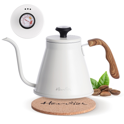 Image 1 de 7.. Bouilloire à col de cygne Harriet de Zachvo, bouilloire à bec verseur 37&nbsp;oz avec thermomètre, bouilloire pour cuisinière avec poignée