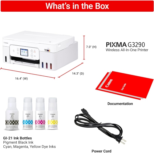 Canon Megatank G3290 All-in-One Wireless Supertank Printer, Mobile Printing, 2.7" LCD Color Touchscreen, Auto Duplex