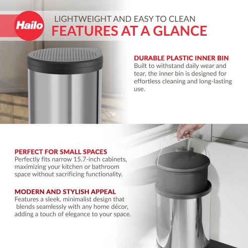 Hailo Compact-Box M Trash Can, 4 Gallon, Lid-Lift, Small Kitchen Bin, Steel