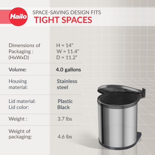 Hailo Compact-Box M Trash Can, 4 Gallon, Lid-Lift, Small Kitchen Bin, Steel