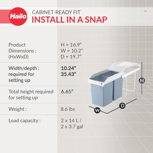 Hailo Multi-Box Duo L Pull-Out Trash Can, 11.8" Cabinet, 2 Bins, 3.7 Gal, Blue