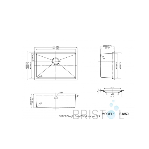 Bristol Sinks Single Stainless Steel Kitchen Workstation Sink