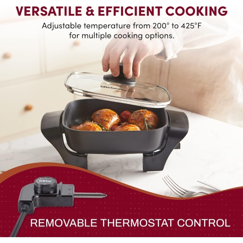 Elite Gourmet EG808 8” x 8" Electric Skillet with Non-Stick Surface, Dishwasher Safe, Tempered Glass Lid, 600W