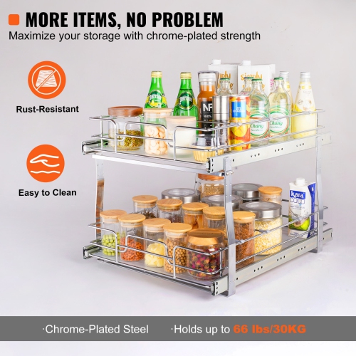 VEVOR 16"W x 21"D 2 Tier Pull Out Cabinet Organizer, Heavy Duty Slide Out Pantry Shelves, Chrome-Plated Steel Roll Out Drawers, Sliding Drawer