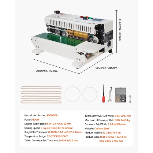 VEVOR 0.24-0.47 in/6-12 mm Continuous Bag Band Sealing Machine, Horizontal Band Sealer Machine with Digital Temperature Control and Count Function,