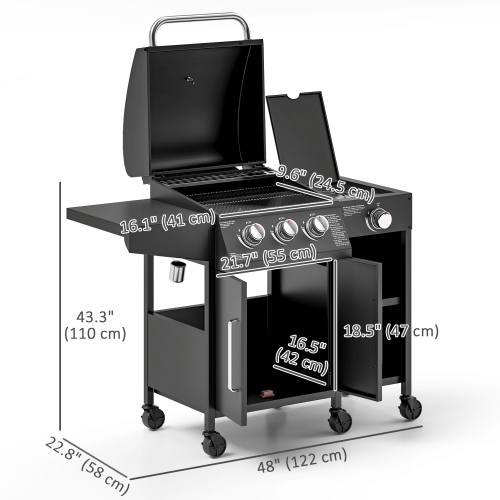 Outsunny 3 Burner Propane Gas Grill with Side Burner, 9.5 KW BBQ Grill, Cabinet Style Barbecue Cart with Shelves, Wheels, Instant Ignition for