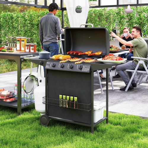Outsunny 4+1 Burner Propane Gas BBQ Grill, Portable Gas Barbecue Grill with Side Burner, Thermometer, Lid, Side Table, Shelf, Spice Rack, Wheels,