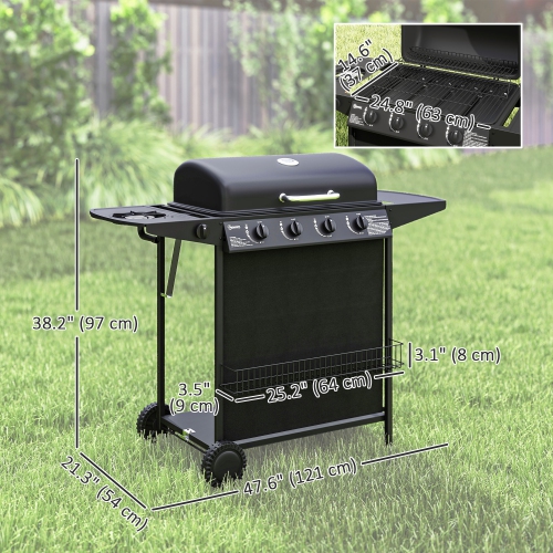 Outsunny 4+1 Burner Propane Gas BBQ Grill, Portable Gas Barbecue Grill with Side Burner, Thermometer, Lid, Side Table, Shelf, Spice Rack, Wheels,