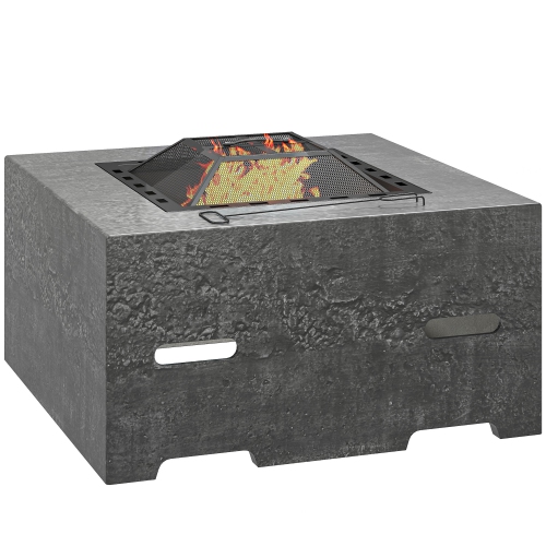 OUTSUNNY  Square Fire Pit \w Fire Poker, Wood Burning Firepit for Outside \w Mesh Lid, Outdoor Fireplace for Patio Bonfire Camping, Magnesium Oxide