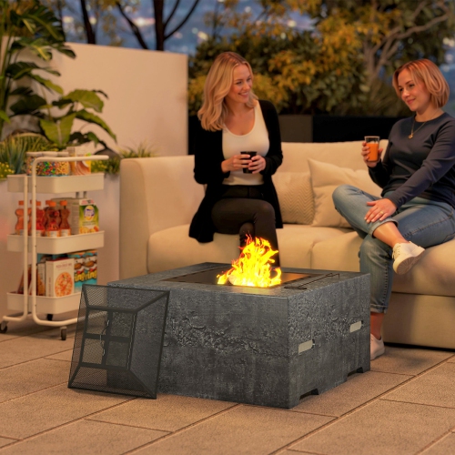 Outsunny Square Fire Pit with Fire Poker, Wood Burning Firepit for Outside with Mesh Lid, Outdoor Fireplace for Patio Bonfire Camping, Magnesium