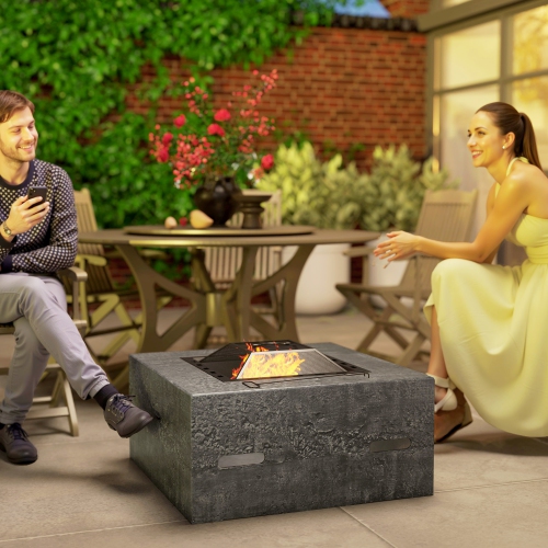 Outsunny Square Fire Pit with Fire Poker, Wood Burning Firepit for Outside with Mesh Lid, Outdoor Fireplace for Patio Bonfire Camping, Magnesium