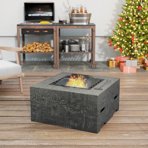 Outsunny Square Fire Pit with Fire Poker, Wood Burning Firepit for Outside with Mesh Lid, Outdoor Fireplace for Patio Bonfire Camping, Magnesium