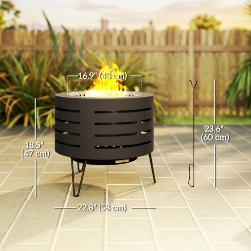 Outsunny Round Fire Pit with Fire Poker, Portable Wood Burning Firepit for Outside with Ash Tray and Hairpin Legs, Outdoor Fireplace for Patio