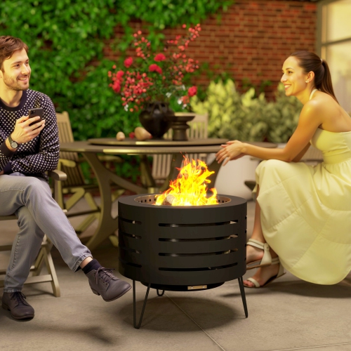 Outsunny Round Fire Pit with Fire Poker, Portable Wood Burning Firepit for Outside with Ash Tray and Hairpin Legs, Outdoor Fireplace for Patio