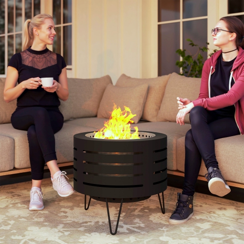 Outsunny Round Fire Pit with Fire Poker, Portable Wood Burning Firepit for Outside with Ash Tray and Hairpin Legs, Outdoor Fireplace for Patio