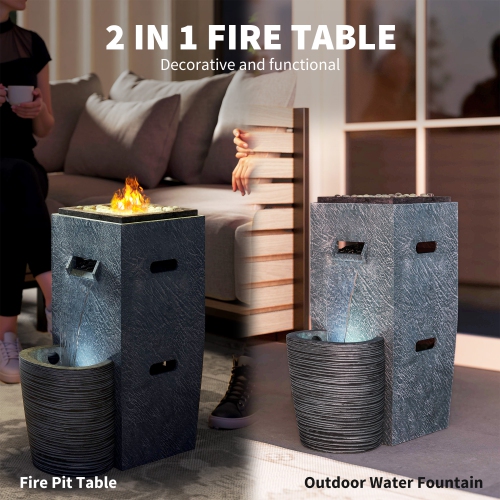 Outsunny Propane Fire Pit Table with Fountain, 15,000 BTU Outdoor Gas Fire Table with LED Light Adjustable Water Flow, Fire Fountain Water Feature
