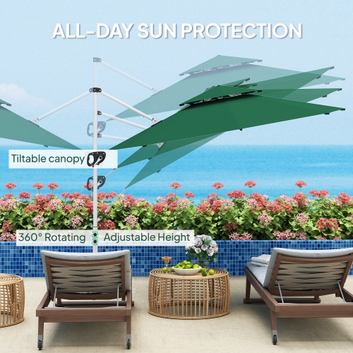 Outsunny 10 FT Cantilever Patio Umbrella, Double Top Offset Hanging Umbrella with 360° Rotation & Adjustable Height, Cross Base, Crank and Tilt for