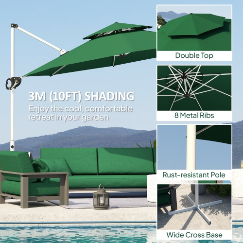Outsunny 10 FT Cantilever Patio Umbrella, Double Top Offset Hanging Umbrella with 360° Rotation & Adjustable Height, Cross Base, Crank and Tilt for