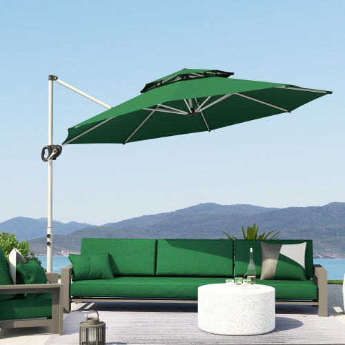 Outsunny 10 FT Cantilever Patio Umbrella, Double Top Offset Hanging Umbrella with 360° Rotation & Adjustable Height, Cross Base, Crank and Tilt for