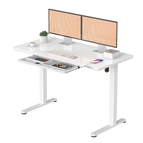 Bureau debout électrique à hauteur réglable avec dessus en verre trempé et tiroir, table de bureau ergonomique 47,2&nbsp;pox23,6&nbsp;po