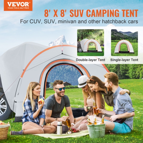 VEVOR 6-8 Person SUV Camping Tent, 8'-8' SUV Tent Attachment for Camping with Rain Layer and Carry Bag, PU2000mm Double Layer Truck Tent, Rear Tent